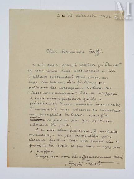 BRETON (André), 1896–1966.
L.A.S. „André Breton“, 