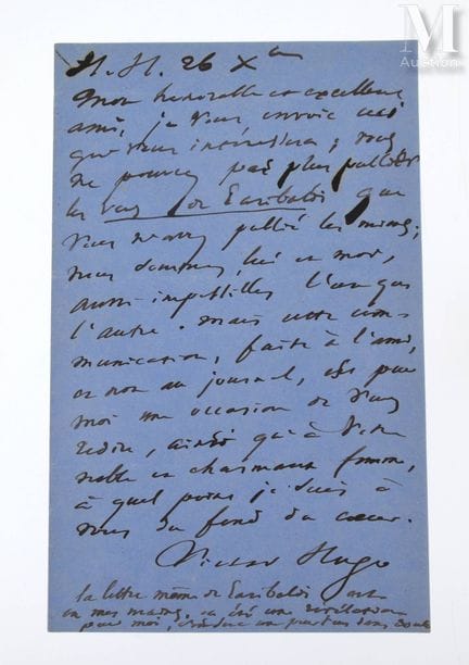 HUGO (Victor), 1802–1885.
L.A.S. „Victor Hugo“, Ha