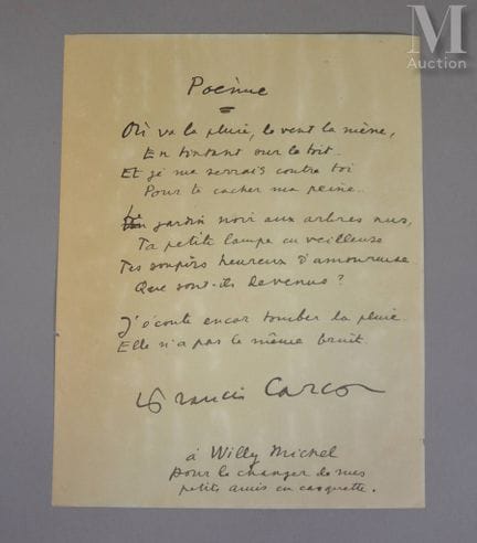 CARCO (Francis), 1886–1958.
Gedicht. [Eigenhändige