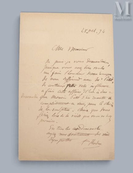 RODIN (Auguste), 1840–1917.
Eigenhändiger Brief „A
