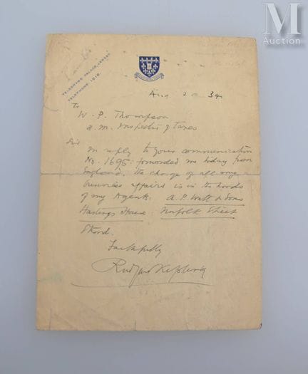 KIPLING (Rudyard), 1865–1936.
L..A.S. „Rudyard Kip