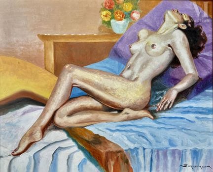 20世纪画派
《床上的裸女》
油画，画于硬纸板上
右下角签名：SMUMUR (?)
38 x 46 