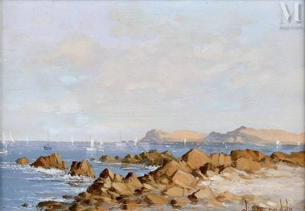 奥利维尔·德纳托（生于1968年）
《礁石与帆船的海景》
木板油画
右下角签名
背面标有标题
13 