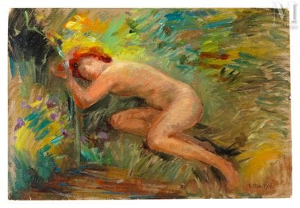 让·沙莱耶（1878-1960）
躺在草地上的裸体女子
油画（画于纸板上）
右下角署名“J. Cha
