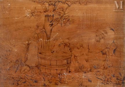 Pyrogravure
Fermière, mouton, et vache s'abreuvant