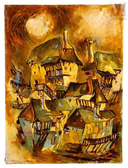 20世纪画派
中世纪村庄
布面油画
右下角有签名
80 x 60 厘米