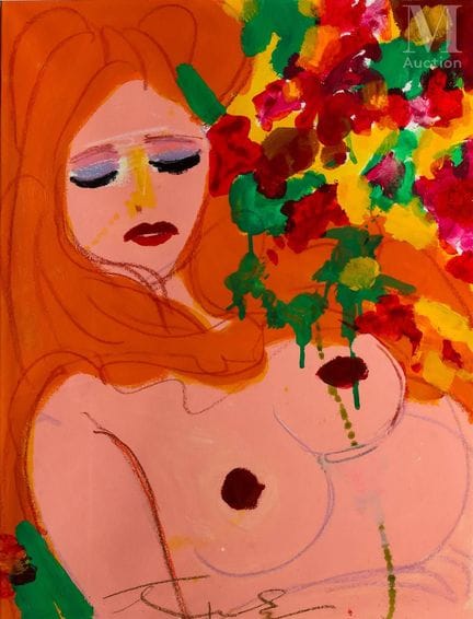20世纪画派
手持鲜花的少女
水粉画，纸本
画面下方签名“Ting？”
画心尺寸：63 x 48 厘