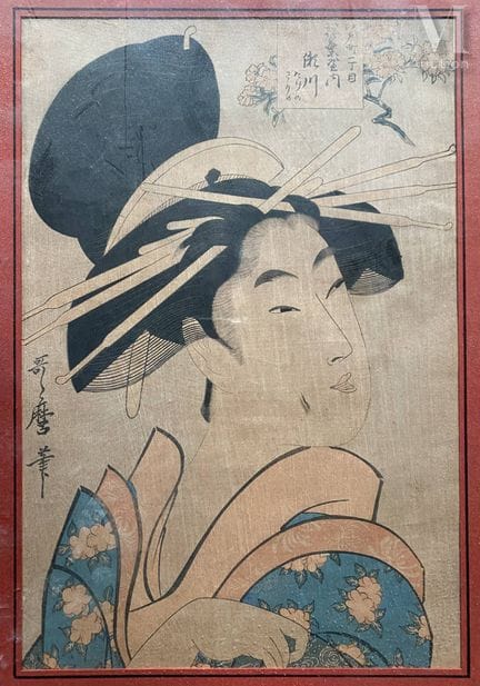 据北川宇多丸（1753-1806）原作
一幅发髻精美的年轻女子肖像
版画
36.5 × 25 厘米。