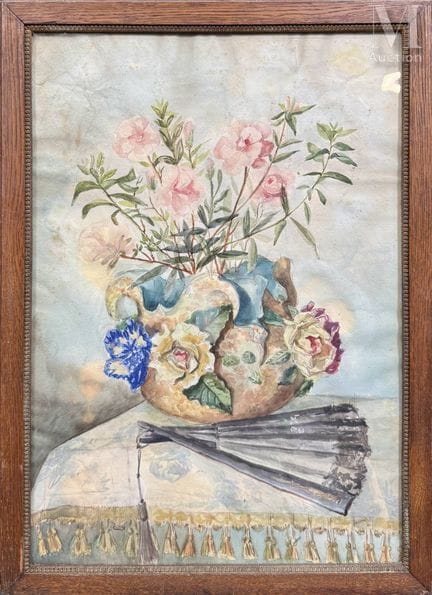 19世纪末法国画派
《带团扇的静物》
纸本水彩画
画心尺寸：47 x 33 厘米
