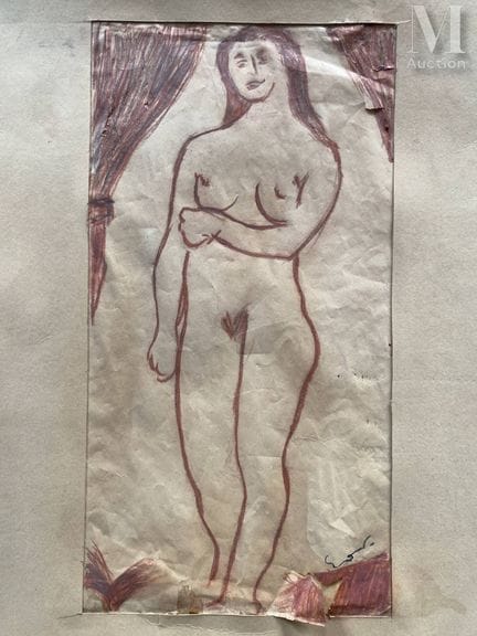 现代主义画派
站立的裸女
红褐色素描
42 x 22 厘米（可见部分）
右下角带有伪造的单字母缩写
