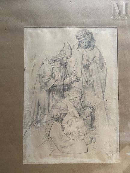 20世纪法国画派
《东方三博士朝拜》
卡里翁
画作上带有签名和题词。
22.5 x 16 厘米，可见