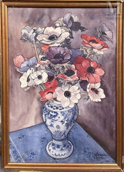 M·德洛里耶（第20区）
《蓝白花瓶静物》
1929年
水彩与墨水画，纸本。右下角签名并标注1929