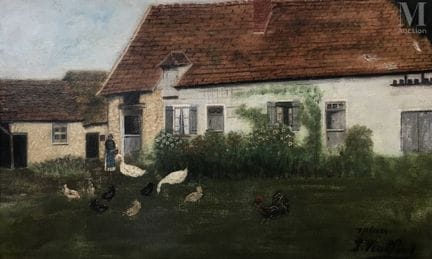 20世纪上半叶的法国画派
农舍、母鸡和鸭子
布面油画
右下角有签名，并标注日期“... 1924”
