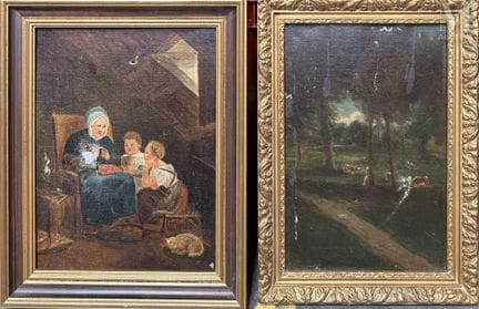 两幅作品套装
19世纪法国画派
林间
布面油画
33 x 22 厘米
（有破损、缺失及修复痕迹）
1