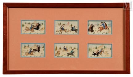 六幅印度微型画组
描绘狩猎场景
每幅4.5×8厘米
画框：约24.5×43厘米