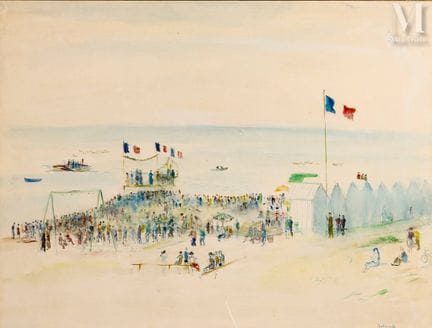 保罗·贝尔蒙多（1898-1982）
海滩上的7月14日舞会
水彩画
49 × 64 厘米。
右下角