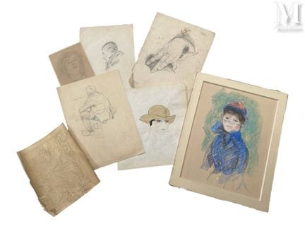 版画套装
包含七幅采用不同技法创作的素描作品，其中包括三幅肖像画、三幅习作（背影男子、手部）以及一幅