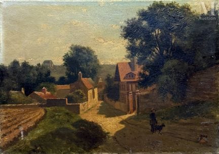 19世纪法国画派
乡村街道
布面油画，左下角有签名
29 x 41 厘米
（有破损和缺失）