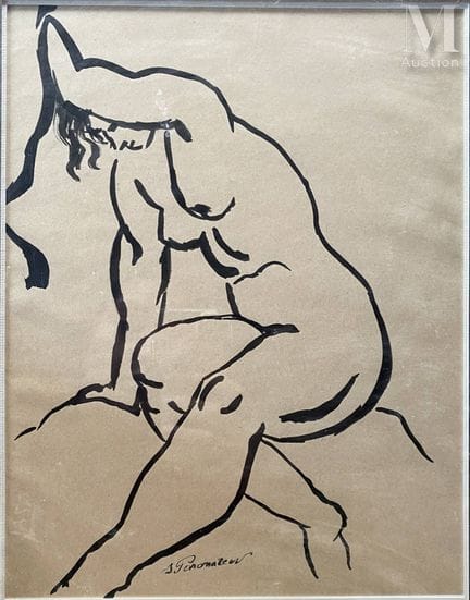 谢尔盖·波诺马廖夫（1911-1984）
动态裸女
墨水画
画面底部中央签名：S. Ponomare