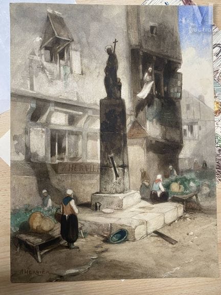 路易·阿道夫·埃尔维耶（1818-1879）
集市热闹的街景
纸本水彩画
画中及左下角签名：A He