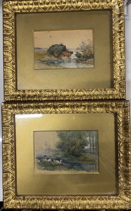 20世纪画派
池塘里的鸭子 / 两头牛拉的推车
一幅水彩画对
7 × 10.5 厘米，画幅尺寸。
有