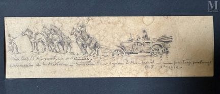 P.J
“对蒙特勒伊那次稍显冗长的逗留的回忆”
纸本墨水与水墨画。画面底部有题词，右下角有署名首字母