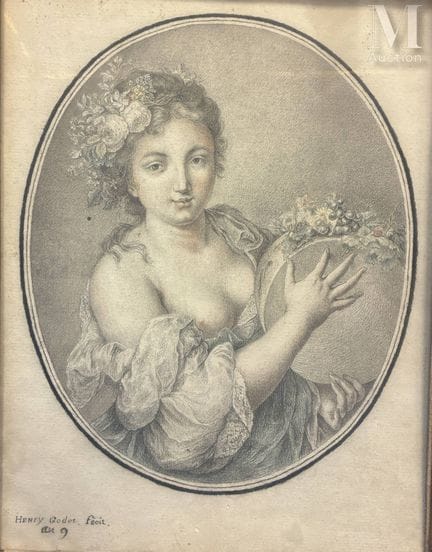 19世纪法国画派
《手持铃鼓的女子》
铅笔画，局部用水粉提亮
画面尺寸：27 x 20 厘米
左下角