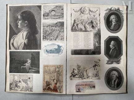 一套八张剪贴画集，
其中包括版画，并附有印刷品。