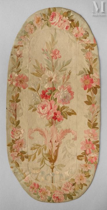 Oval Aubusson tapestry panel
composed of large sew