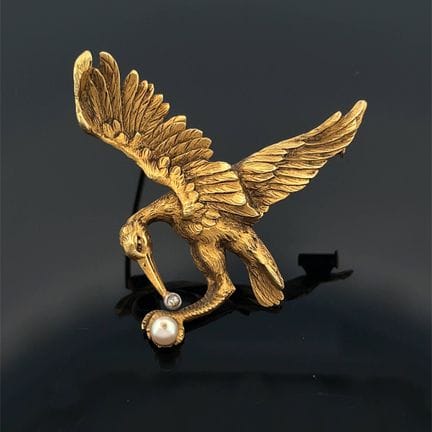 Brosche „Reiher“ aus Gelbgold (750), vollständig z