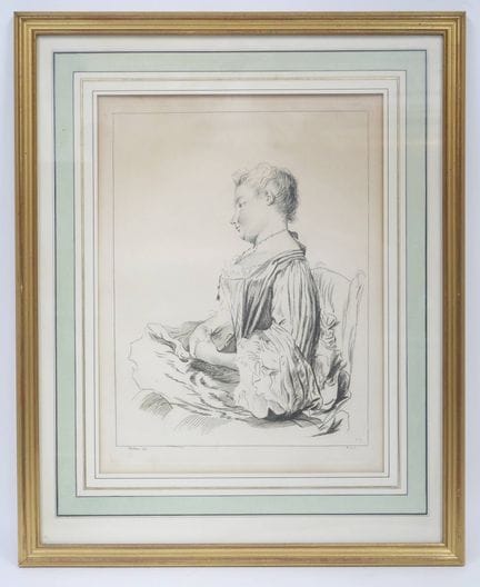 据瓦托原作
坐在椅子上的女子
版画，装裱于玻璃框内
版画编号70
画板尺寸：32.5 x 24.5 