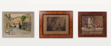 三件作品套装，包括：
– L. MONTAGNÉ，《热闹的乡村街道》，纸本水彩画，右下角签名。59 