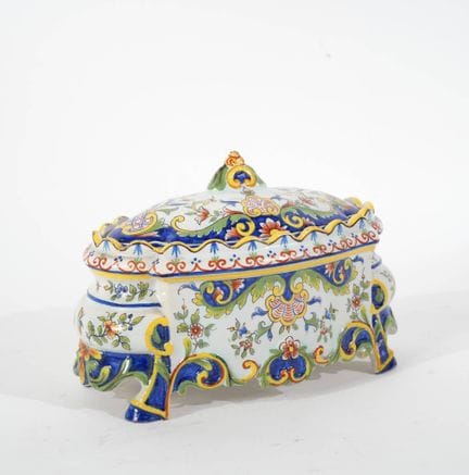 Lidded, four-legged earthenware terrine with polyc