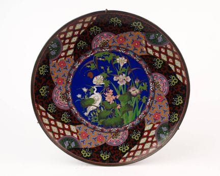 Round copper dish decorated with cloisonné enamel 