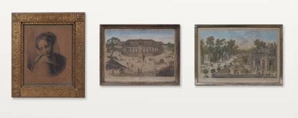 三件套：

– 19世纪画派
女性肖像
炭笔画，纸本，局部加色。
画面尺寸：46 × 38 厘米。
