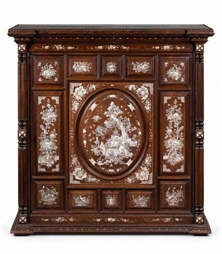 An exotic wood and mother-of-pearl marquetry high 
