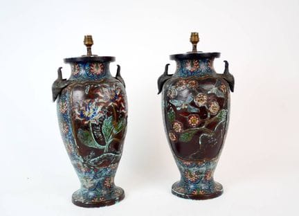 Pair of cloisonné vases with brass mounts and hand