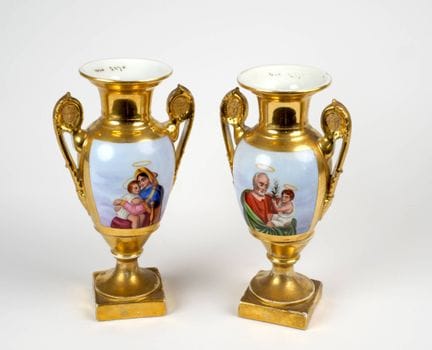 A pair of Paris porcelain vases in the form of amp