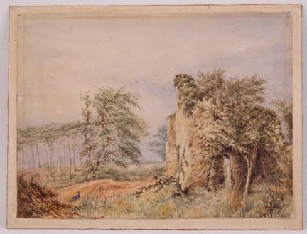 20世纪初画派
废墟前的孔雀风景画
水彩画，纸本，裱于硬纸板上
19.5 × 26.5 厘米
旧古董