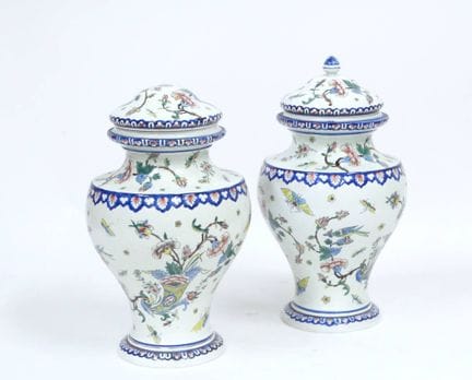 GIEN
Pair of covered earthenware baluster vases wi