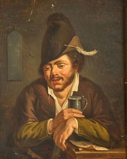 佛兰德画派，19世纪
《饮酒者》
木板油画
27.8 × 21.8 厘米。