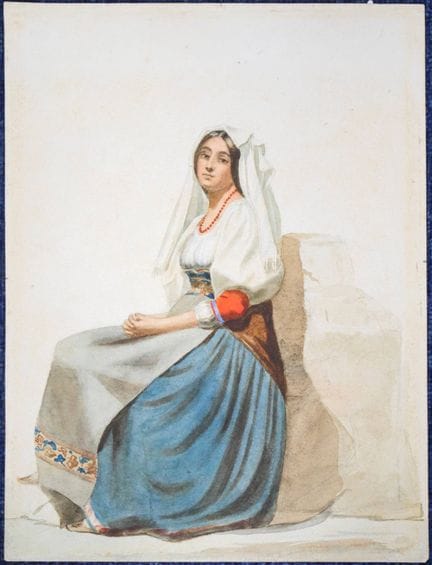 多米尼克·路易·帕佩蒂（1815-1849），归因于
《身着蓝色裙子的坐姿女子》
纸本水彩画
背面有