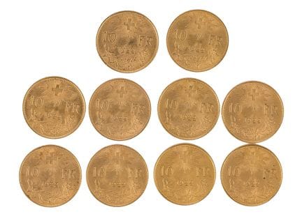 10 Vreneli d'oro

10 Fr. in oro, 10 pezzi del 1922