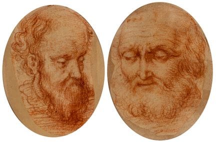 北意大利画派，16/17世纪

两幅留胡须男子的肖像画
纸本红褐色粉笔画
均已装裱
高度各约7厘米，