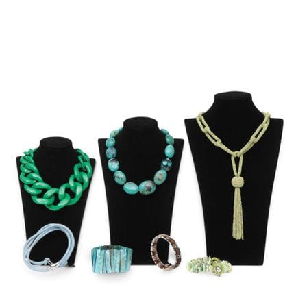 Various pieces of jewelry in shades of blue and gr
