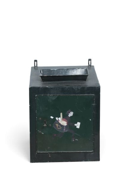 Green-painted metal mailbox, circa 1900. The front