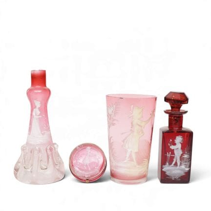 England, Mary Gregory style, four cranberry and ru