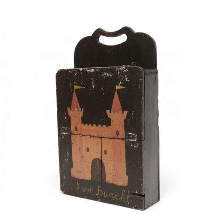 Wooden schoolbag with a hinged flap and a depictio