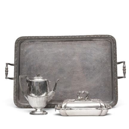 Pleated tray, serving dish, and coffee pot, circa 