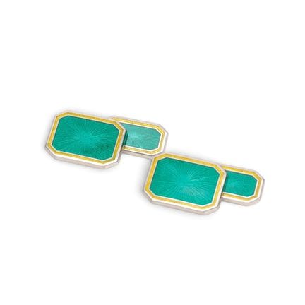 A pair of silver cufflinks with green guilloche en